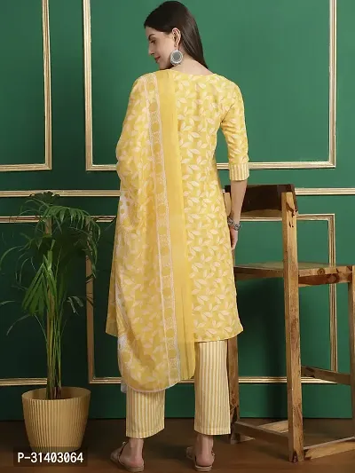 Stylish Yellow Cotton Blend Kurta, Bottom And Dupatta Set For Women-thumb3