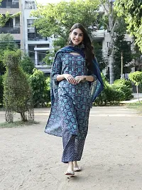 Stylish Blue Cotton Blend Printed Kurta, Bottom and Dupatta Set For Women-thumb1