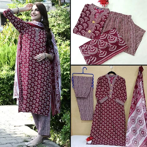 Stylish Cotton Blend Printed Kurta Bottom Dupatta Set