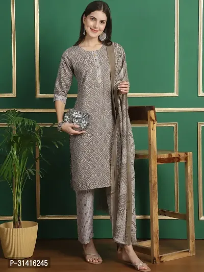 Beautiful Cotton Blend Grey Printed Kurta Pant And Dupatta Set For Women-thumb2