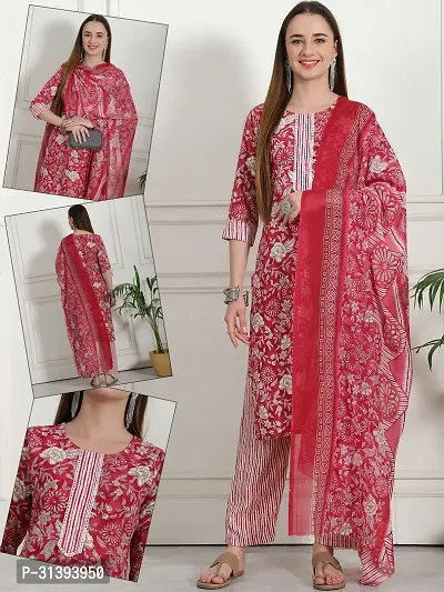 Beautiful Cotton Blend Printed Kurta Pant And Dupatta Set For Women-thumb0