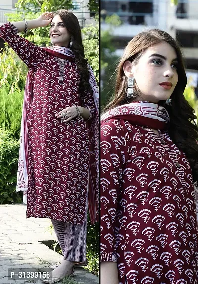 Stylish Maroon Cotton Blend Printed Kurta Bottom and Dupatta Set For Women