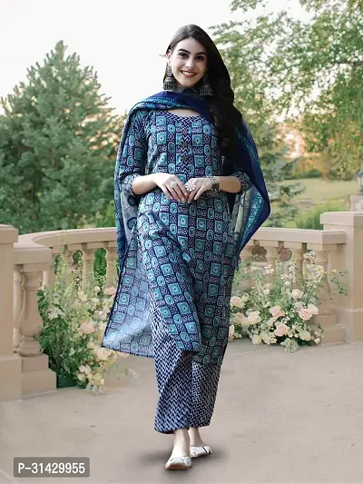 Stylish Blue Cotton Blend Printed Kurta Bottom and Dupatta Set For Women-thumb5