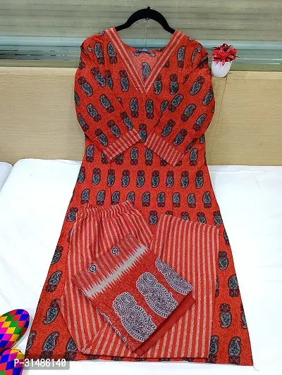 Beautiful Red Cotton Blend Printed Straight Kurta, Bottom And Dupatta Set For Women-thumb0