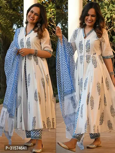 Stylish White Viscose Rayon Kurta, Bottom And Dupatta Set For Women