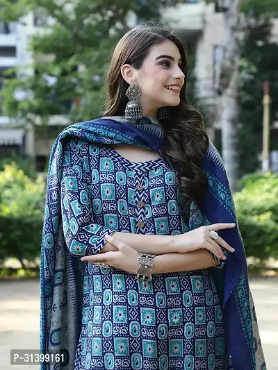 Stylish Blue Cotton Blend Printed Kurta Bottom and Dupatta Set For Women-thumb5