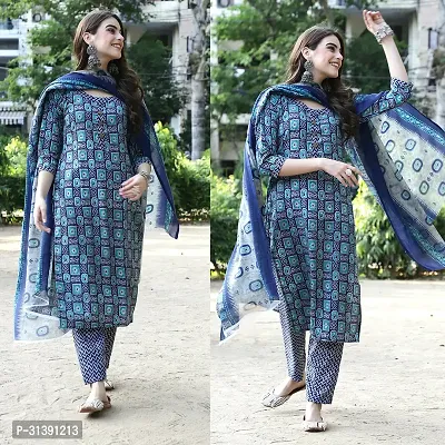 Stylish Blue Cotton Blend Printed Kurta, Bottom and Dupatta Set For women-thumb0