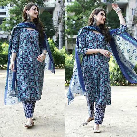 Stylish Cotton A-Line Printed Kurta with Bottom And Dupatta Set