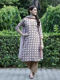 Stylish Beige Cotton Blend Printed Kurta, Bottom and Dupatta Set For women-thumb3