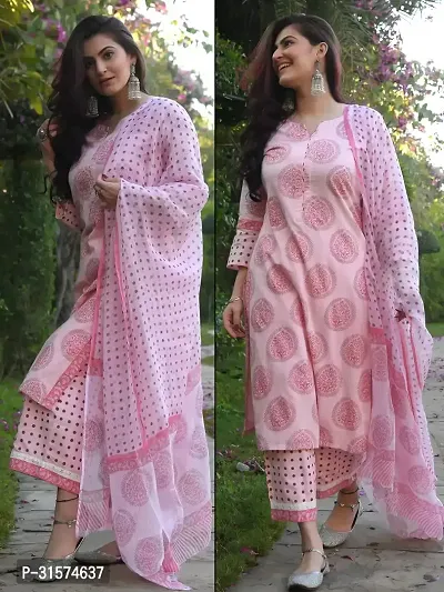 Stylish Pink Viscose Rayon Kurta, Bottom And Dupatta Set For Women