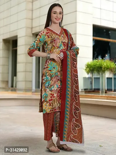 Stylish Multicoloured Cotton Blend Printed Kurta, Bottom and Dupatta Set For Women-thumb5