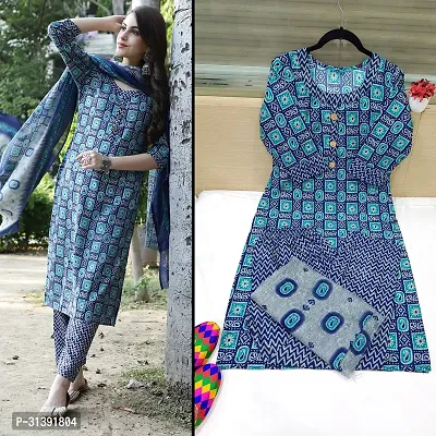 Stylish Blue Cotton Blend Printed Kurta, Bottom and Dupatta Set For Women-thumb0