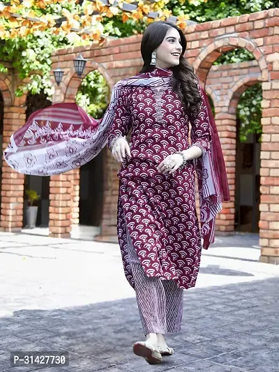 Elegant Printed Cotton Blend Kurta with Pant And Dupatta Set For Women-thumb0