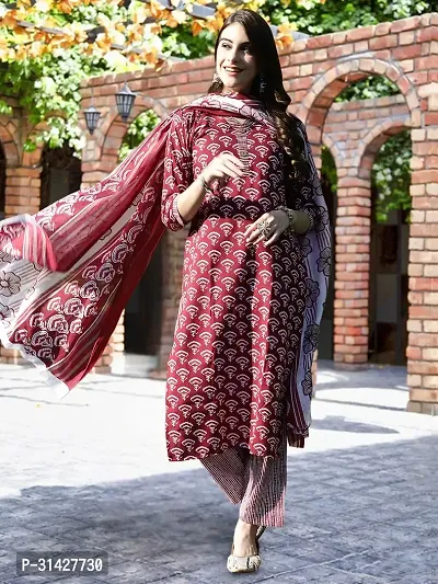 Elegant Printed Cotton Blend Kurta with Pant And Dupatta Set For Women-thumb3