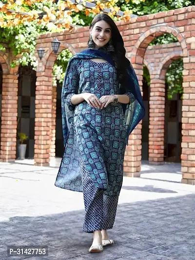 Elegant Printed Cotton Blend Kurta with Pant And Dupatta Set For Women-thumb0