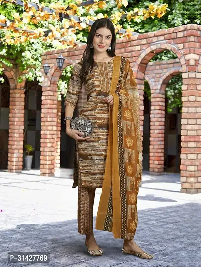 Elegant Printed Cotton Blend Kurta with Pant And Dupatta Set For Women-thumb0