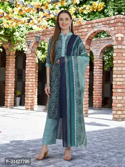 Elegant Printed Cotton Blend Kurta with Pant And Dupatta Set For Women-thumb0