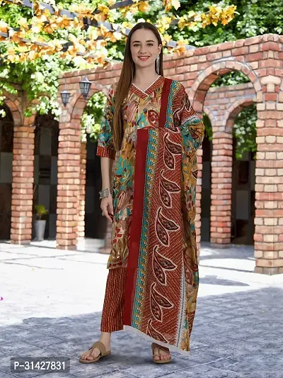 Elegant Printed Cotton Blend Kurta with Pant And Dupatta Set For Women-thumb0