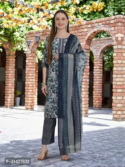 Elegant Printed Cotton Blend Kurta with Pant And Dupatta Set For Women-thumb0