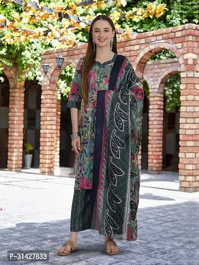 Elegant Printed Cotton Blend Kurta with Pant And Dupatta Set For Women-thumb0