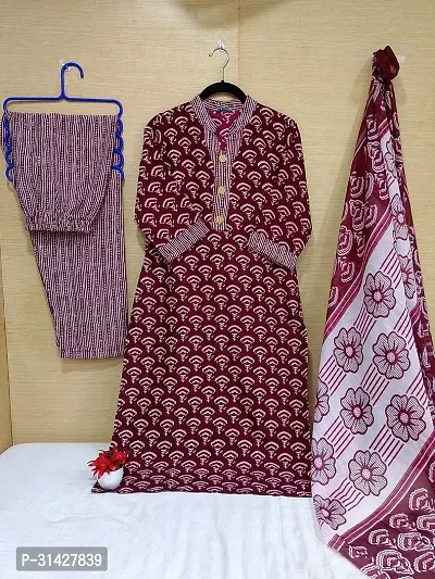 Elegant Printed Cotton Blend Kurta with Pant And Dupatta Set For Women-thumb0