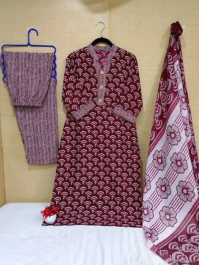 Stylish Cotton Blend Printed Kurta Bottom Dupatta Set