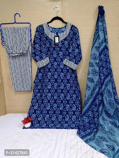 Elegant Printed Cotton Blend Kurta with Pant And Dupatta Set For Women