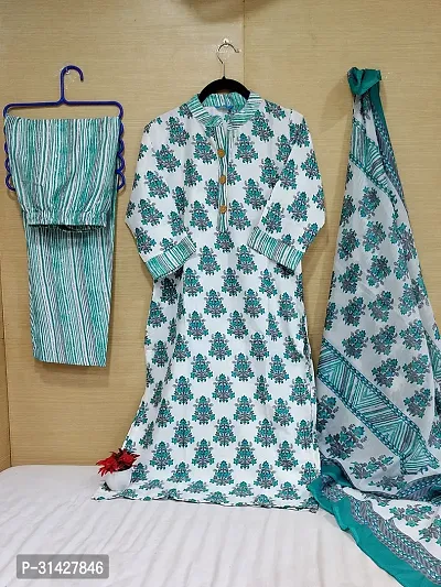 Elegant Printed Cotton Blend Kurta with Pant And Dupatta Set For Women-thumb0