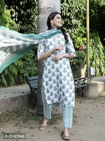 Elegant Printed Cotton Blend Kurta with Pant And Dupatta Set For Women-thumb2