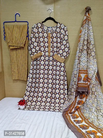 Elegant Printed Cotton Blend Kurta with Pant And Dupatta Set For Women