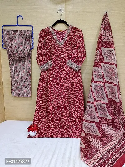 Elegant Printed Cotton Blend Kurta with Pant And Dupatta Set For Women-thumb0