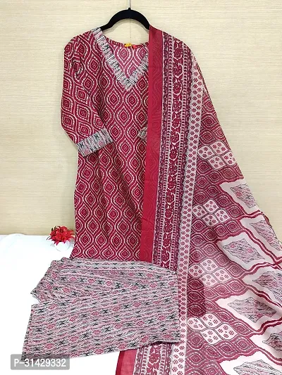 Stylish Maroon Cotton Blend Printed Kurta, Bottom and Dupatta Set for Women-thumb0