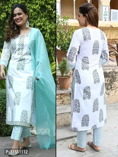 Stylish White Viscose Rayon Floral Printed Kurta, Bottom and Dupatta Set For Women-thumb0