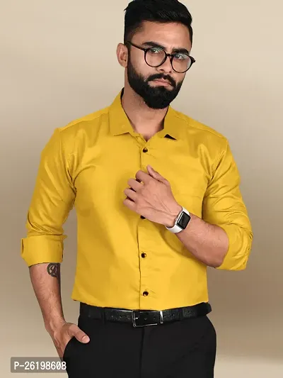 Stylish Yellow Cotton Solid Regular Fit Shirts For Men