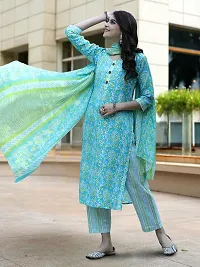 Stylish Turquoise Cotton Blend Printed Kurta, Bottom and Dupatta Set For Women-thumb2