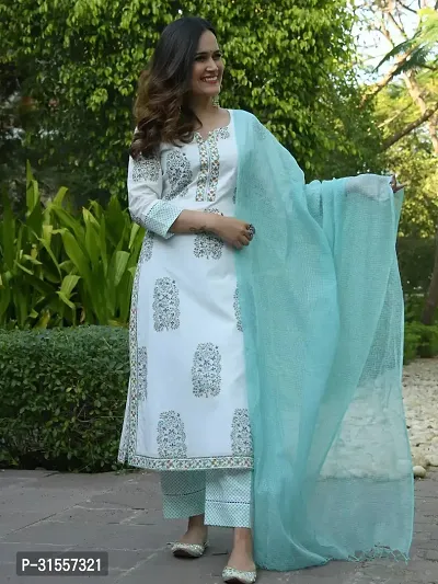 Stylish White Printed Kurta, Bottom and Dupatta Set For Women-thumb3