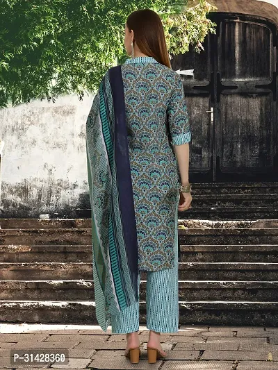 Stylish Teal Cotton Blend Printed Kurta, Bottom and Dupatta Set For Women-thumb2