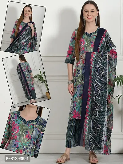 Beautiful Cotton Blend Printed Kurta Pant And Dupatta Set For Women-thumb0