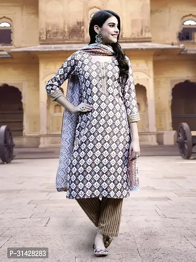 Attractive Beige Printed Cotton Blend Kurta Pant With Dupatta For Women-thumb2