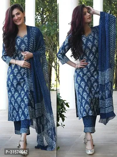 Stylish Blue Viscose Rayon Kurta, Bottom And Dupatta Set For Women