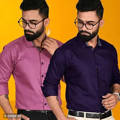 Stylish Cotton Multicoloured Solid Regular Fit Long Sleeves Formal Shirt For Men Pack Of 2-thumb0