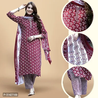 Stylish Maroon Cotton Blend Printed Kurta, Bottom and Dupatta Set For Women-thumb0