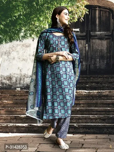 Stylish Blue Cotton Blend Printed Kurta, Bottom and Dupatta Set For Women-thumb3