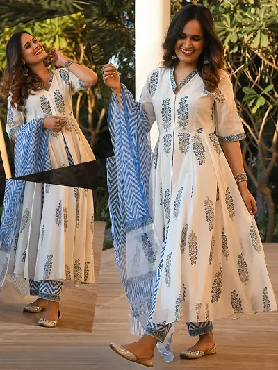 Trendy White Printed Cotton Straight Kurta Bottom Set