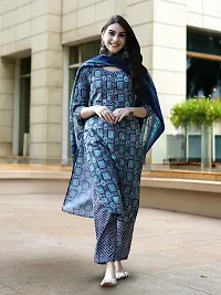 Stylish Blue Cotton Blend Printed Kurta, Bottom and Dupatta Set For Women-thumb3