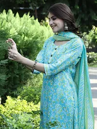 Stylish Turquoise Cotton Blend Printed Kurta, Bottom and Dupatta Set for Women-thumb2