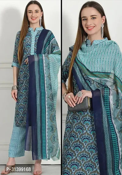 Stylish Teal Cotton Blend Printed Kurta Bottom and Dupatta Set For Women-thumb0