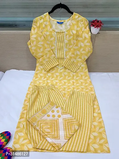 Beautiful Yellow Cotton Blend Printed Straight Kurta, Bottom And Dupatta Set For Women-thumb0