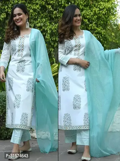 Stylish White Viscose Rayon Kurta, Bottom And Dupatta Set For Women