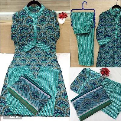 Stylish Teal Cotton Blend Kurta, Bottom And Dupatta Set For Women-thumb0